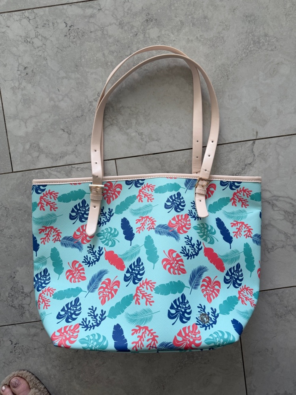 Mint Tropical Leaf Print Tote with Pale Pink Straps